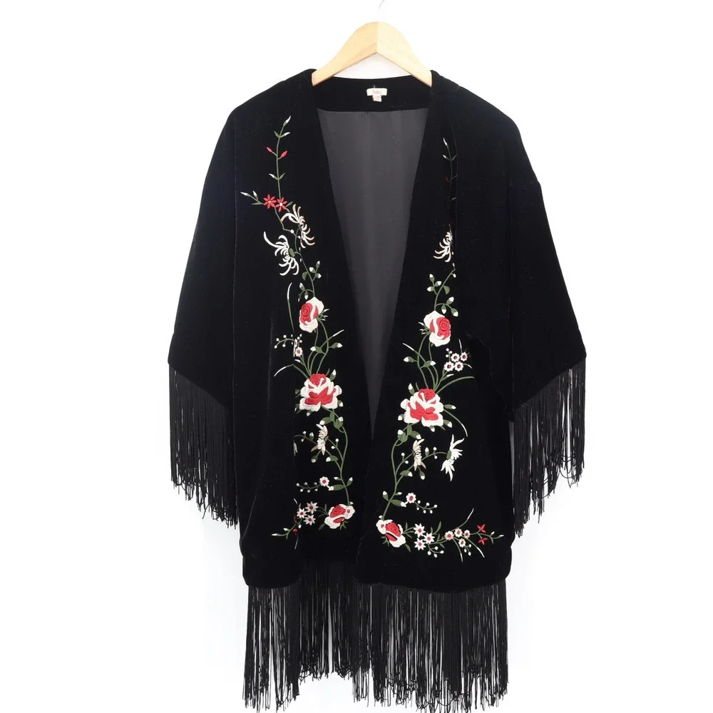 Reba Women's Black Velvet Floral Embroidered Fringe Western Open Jacket Sz Sm/M - Picture 1 of 8